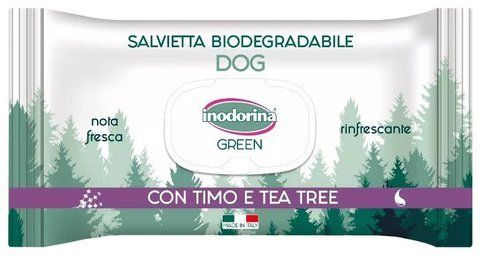 Inodorina Green Lino e Rosmarino - Вологі, біорозкладні серветки з чебрецем та чайним девевом для всіх типів шерсті собак , 30 шт 00216 фото